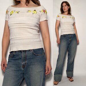 Vintage Y2K OFF SHOULDER Top with 3D Flowers -- Medium